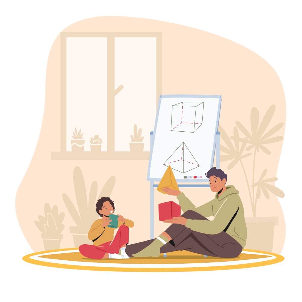 Illustration showing a one to one class with a male teacher and child learning about shapes.