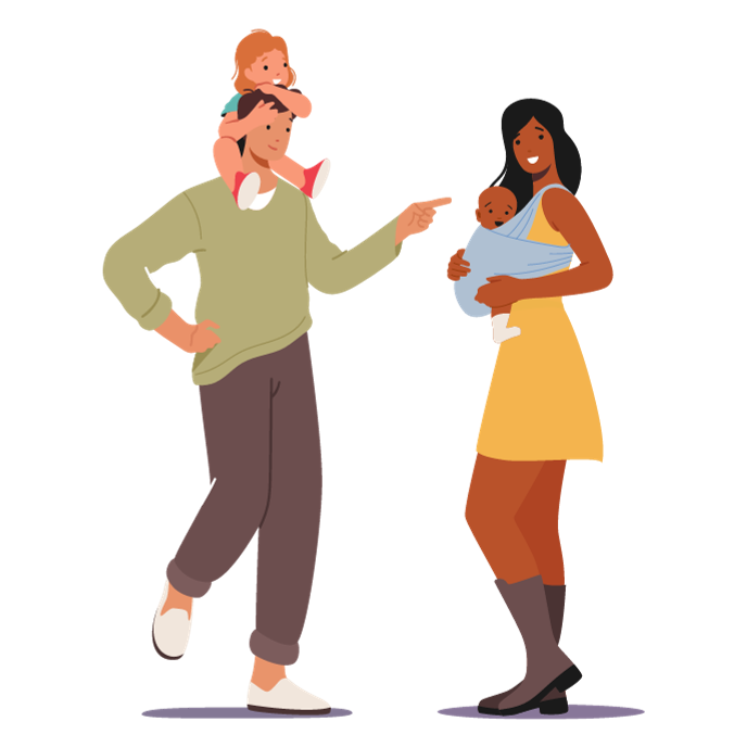 Illustration showing mother and father chatting to each other while holding their children