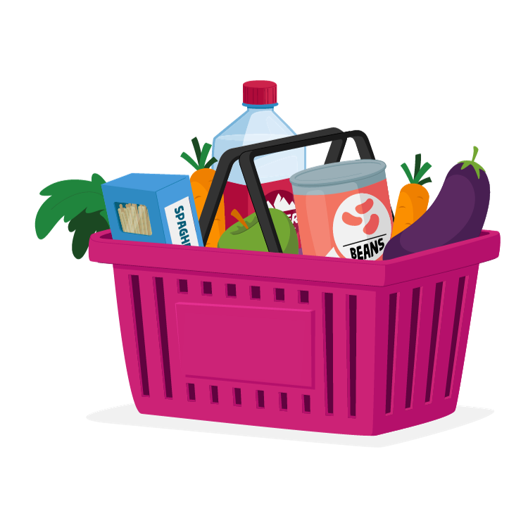 Illustration showing basket full of groceries